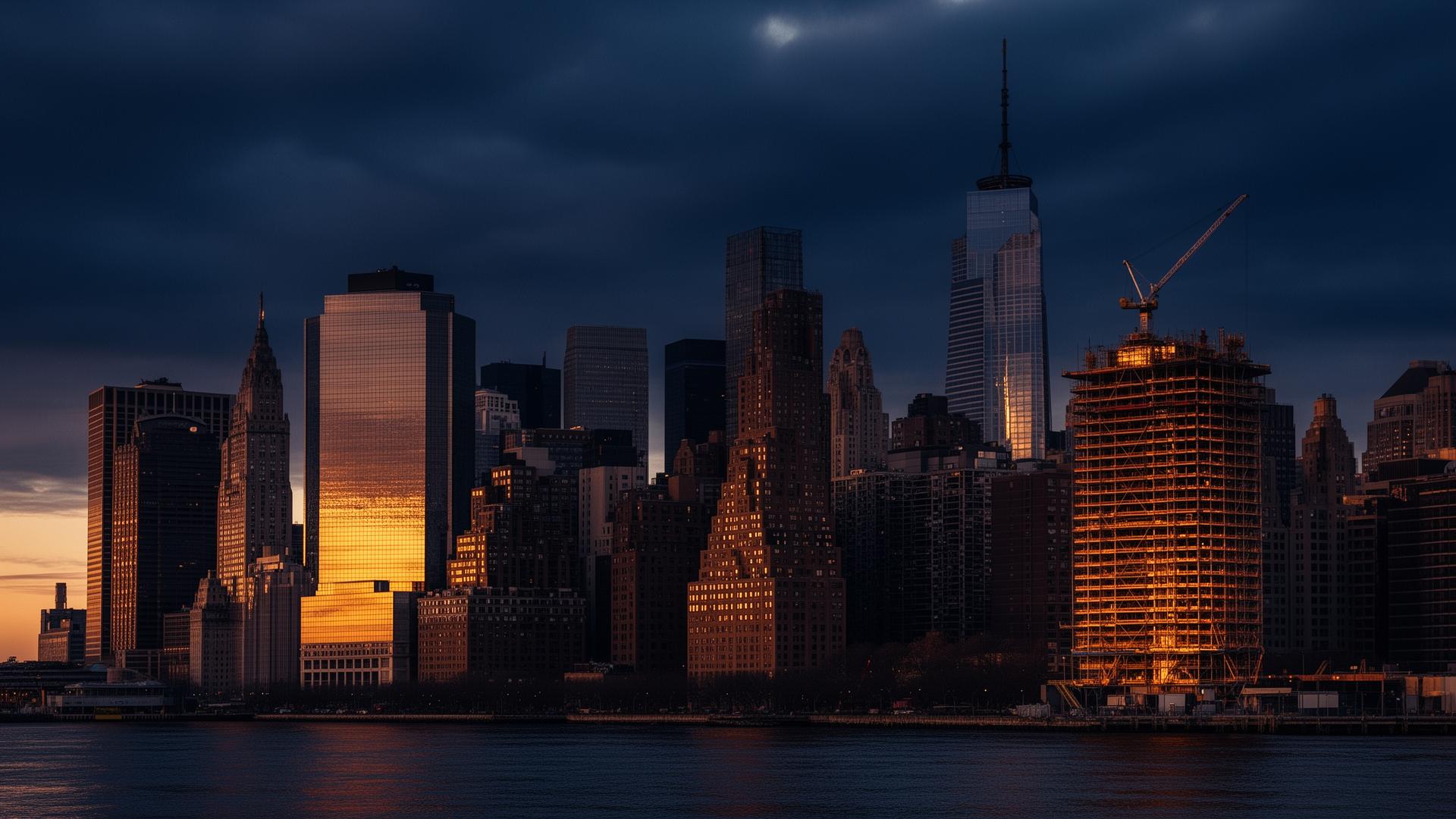 Lower Manhattan skyline at dusk
